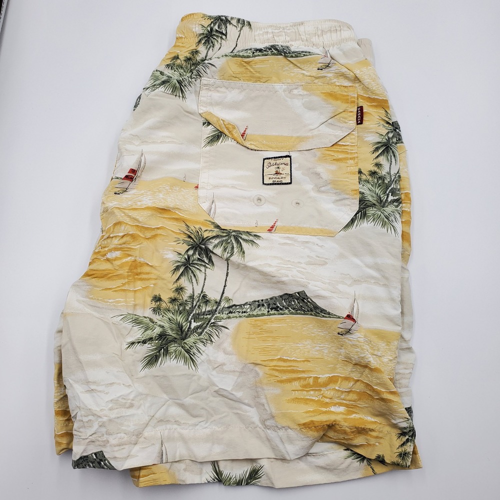 Tommy Bahama Bungalow Brand Mens Yellow Tropical Island Print Swim Trunks L